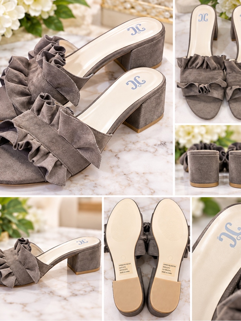 Juicy Couture Gray Suede Ruffle Block Heel Sandals